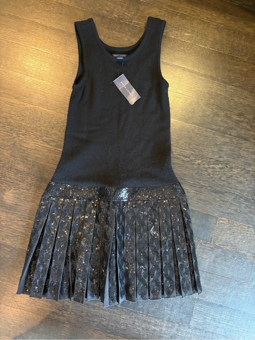 Ralph Lauren Black Sleeveless Knit Dress with Pleated Lace Skirt